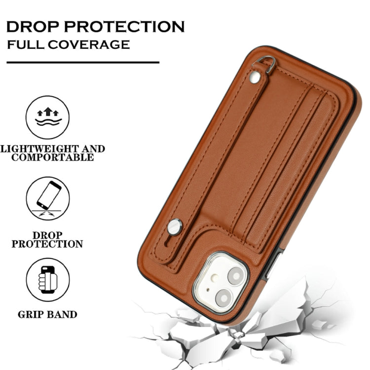 For iPhone 11 Shockproof Leather Phone Case with Wrist Strap(Brown)