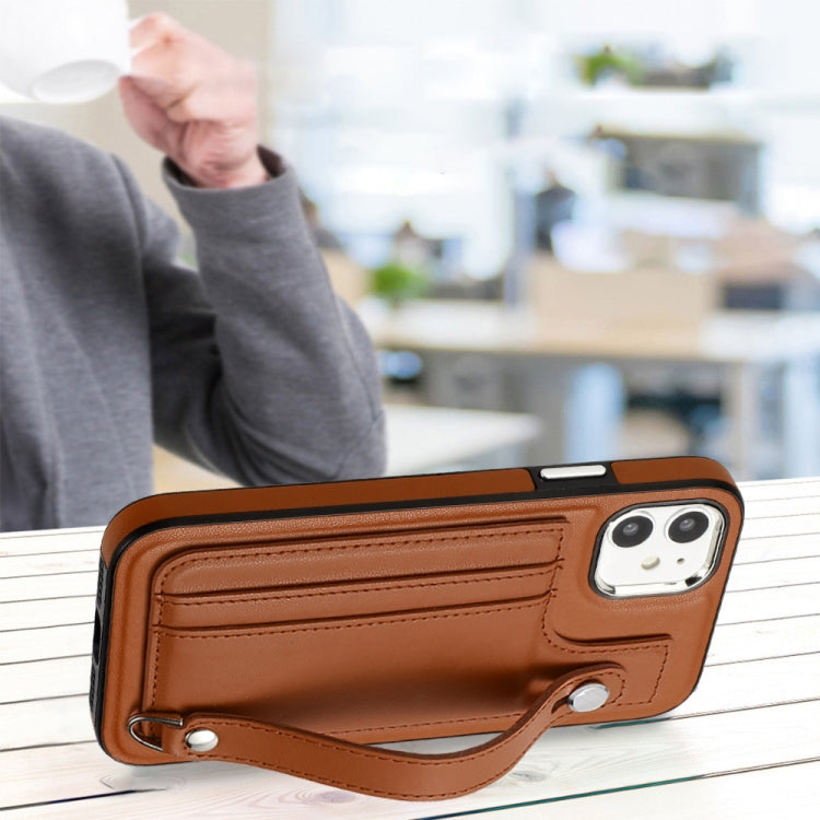 For iPhone 11 Shockproof Leather Phone Case with Wrist Strap(Brown)