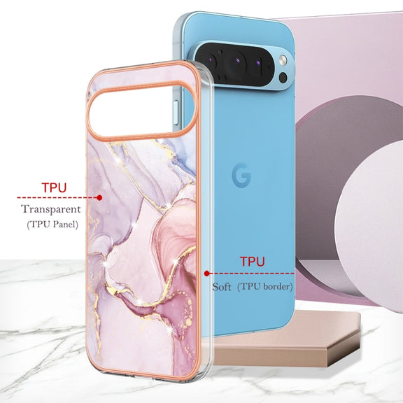 For Google Pixel 9 / 9 Pro Electroplating Marble Dual-side IMD Phone Case(Rose Gold 005)