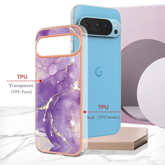 For Google Pixel 9 Pro XL Electroplating Marble Dual-side IMD Phone Case(Purple 002)