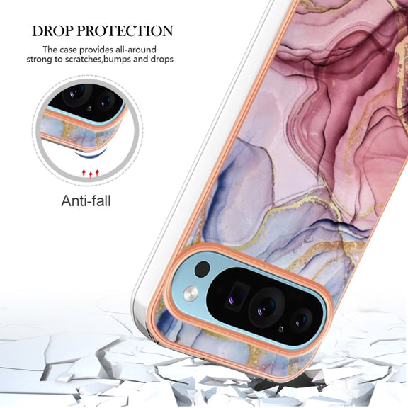 For Google Pixel 9 / 9 Pro Electroplating Marble Dual-side IMD Phone Case(Rose Red 014)