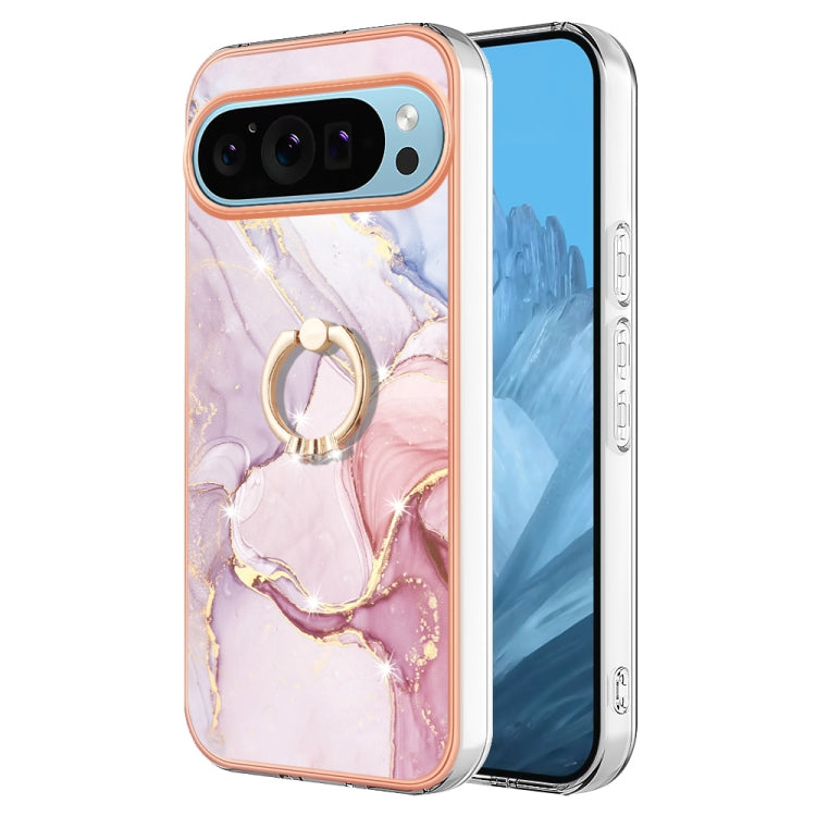 For Google Pixel 9 / 9 Pro Electroplating Marble IMD TPU Phone Case with Ring Holder(Rose Gold 005)