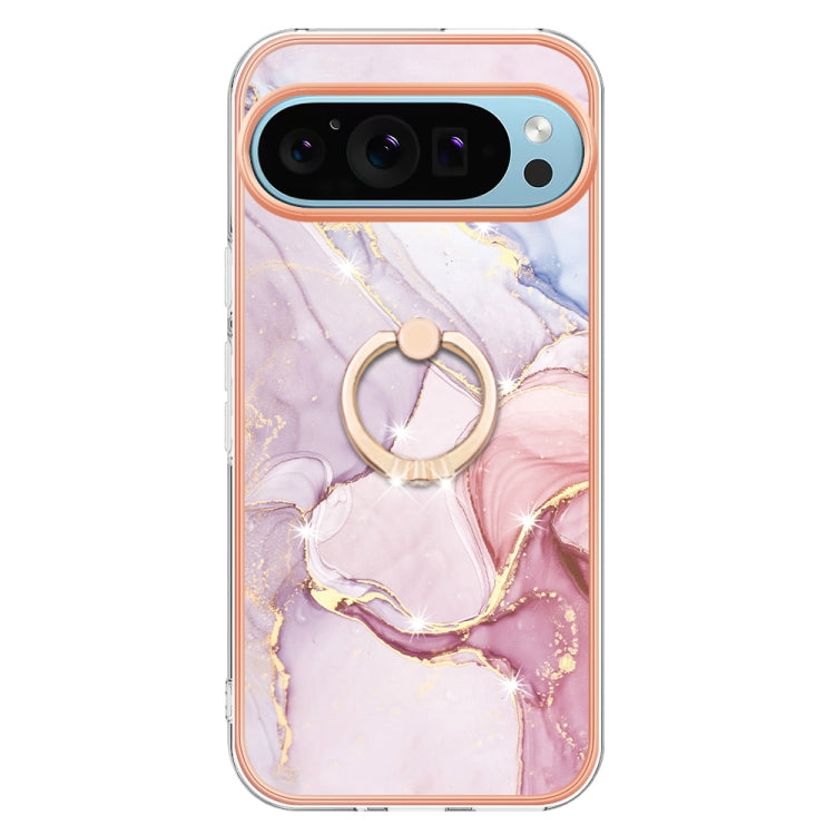For Google Pixel 9 / 9 Pro Electroplating Marble IMD TPU Phone Case with Ring Holder(Rose Gold 005)