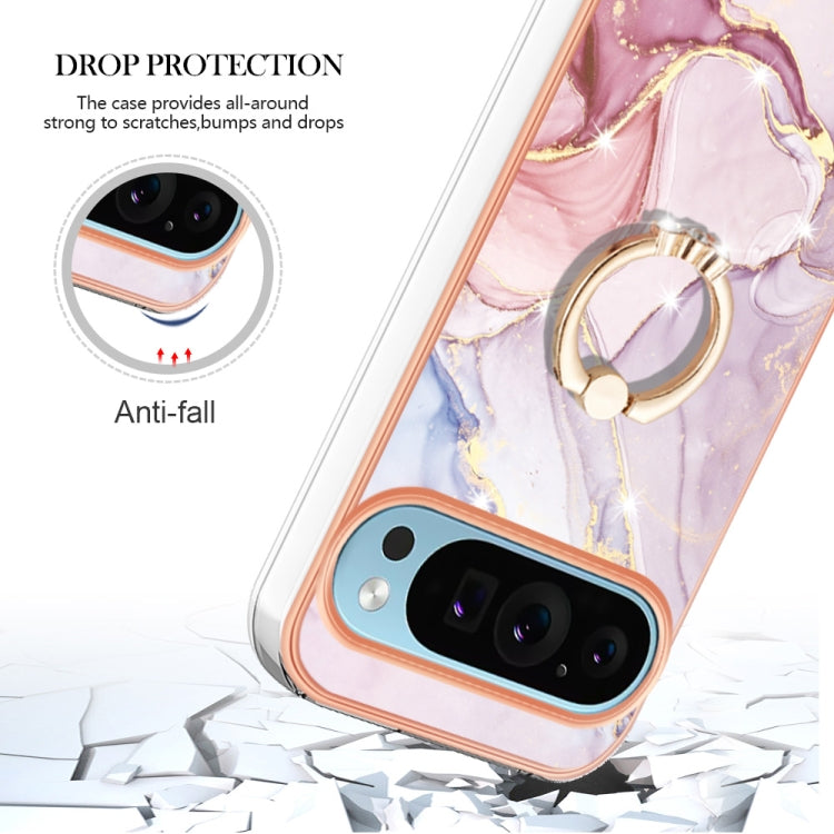 For Google Pixel 9 / 9 Pro Electroplating Marble IMD TPU Phone Case with Ring Holder(Rose Gold 005)