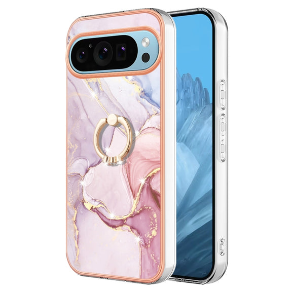 For Google Pixel 9 / 9 Pro Electroplating Marble IMD TPU Phone Case with Ring Holder(Rose Gold 005)