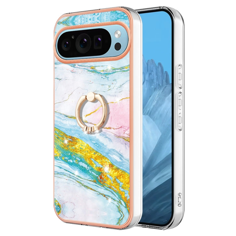 For Google Pixel 9 / 9 Pro Electroplating Marble IMD TPU Phone Case with Ring Holder(Green 004)