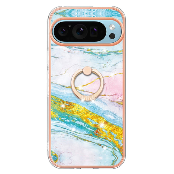 For Google Pixel 9 / 9 Pro Electroplating Marble IMD TPU Phone Case with Ring Holder(Green 004)