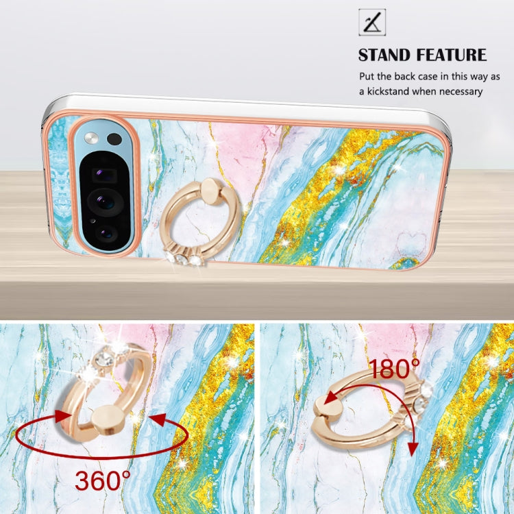 For Google Pixel 9 / 9 Pro Electroplating Marble IMD TPU Phone Case with Ring Holder(Green 004)