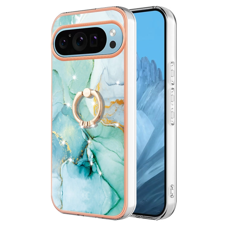 For Google Pixel 9 / 9 Pro Electroplating Marble IMD TPU Phone Case with Ring Holder(Green 003)