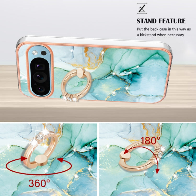 For Google Pixel 9 / 9 Pro Electroplating Marble IMD TPU Phone Case with Ring Holder(Green 003)