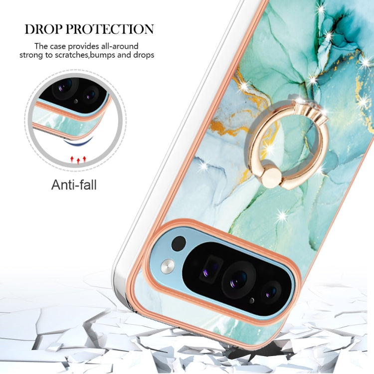 For Google Pixel 9 / 9 Pro Electroplating Marble IMD TPU Phone Case with Ring Holder(Green 003)