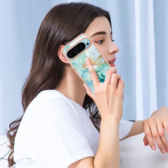 For Google Pixel 9 / 9 Pro Electroplating Marble IMD TPU Phone Case with Ring Holder(Green 003)