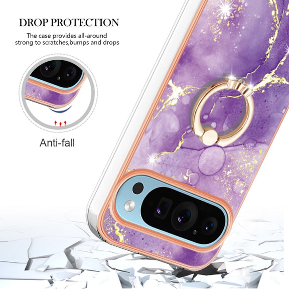 For Google Pixel 9 / 9 Pro Electroplating Marble IMD TPU Phone Case with Ring Holder(Purple 002)