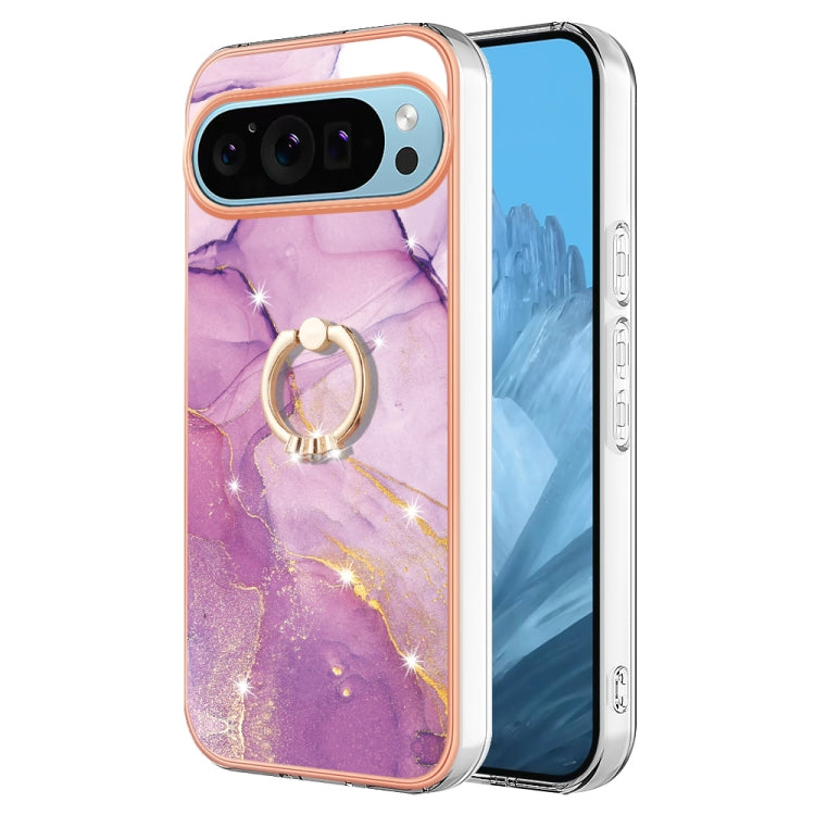 For Google Pixel 9 / 9 Pro Electroplating Marble IMD TPU Phone Case with Ring Holder(Purple 001)
