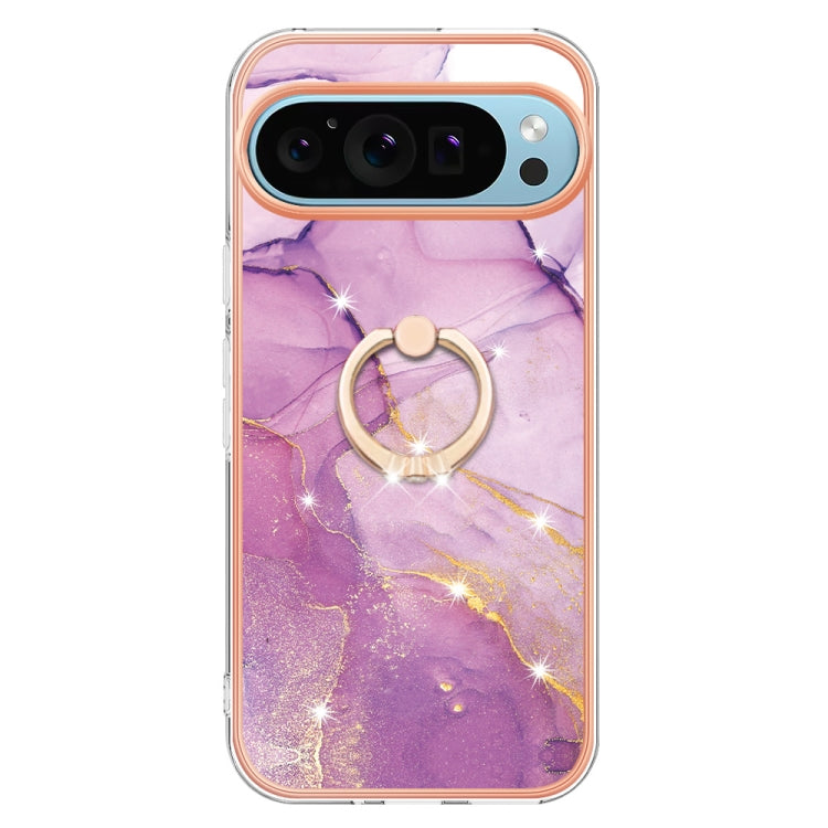 For Google Pixel 9 / 9 Pro Electroplating Marble IMD TPU Phone Case with Ring Holder(Purple 001)