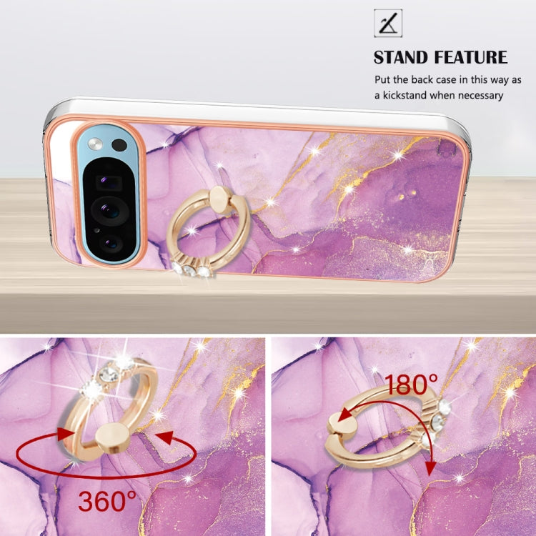 For Google Pixel 9 / 9 Pro Electroplating Marble IMD TPU Phone Case with Ring Holder(Purple 001)