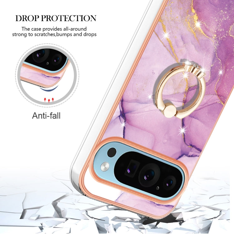 For Google Pixel 9 / 9 Pro Electroplating Marble IMD TPU Phone Case with Ring Holder(Purple 001)