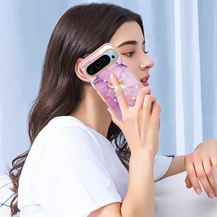 For Google Pixel 9 / 9 Pro Electroplating Marble IMD TPU Phone Case with Ring Holder(Purple 001)