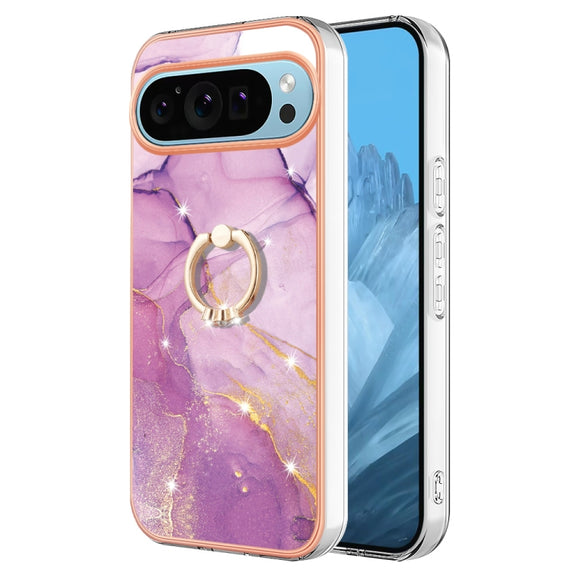 For Google Pixel 9 / 9 Pro Electroplating Marble IMD TPU Phone Case with Ring Holder(Purple 001)