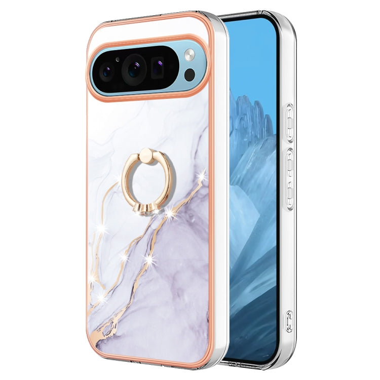 For Google Pixel 9 Pro Electroplating Marble IMD TPU Phone Case with Ring Holder(White 006)