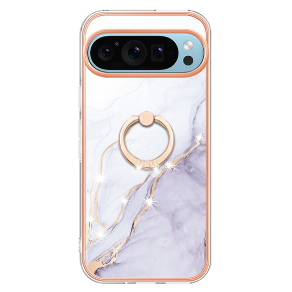 For Google Pixel 9 Pro Electroplating Marble IMD TPU Phone Case with Ring Holder(White 006)