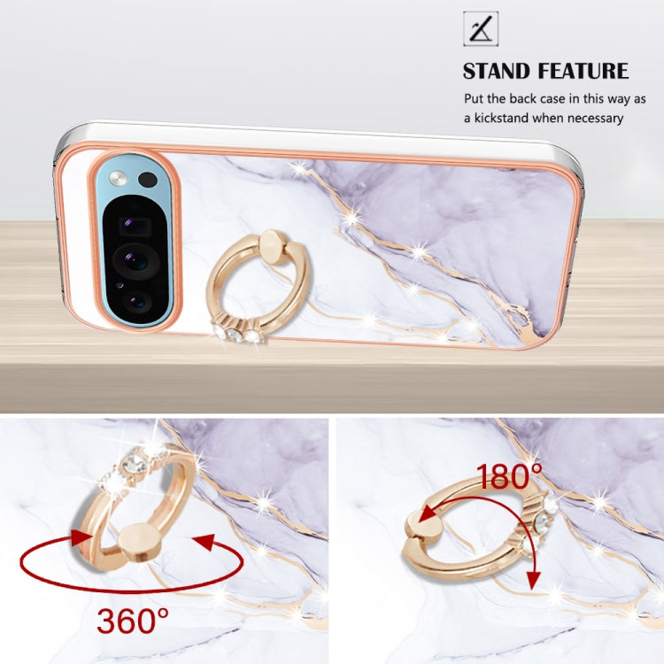 For Google Pixel 9 Pro Electroplating Marble IMD TPU Phone Case with Ring Holder(White 006)