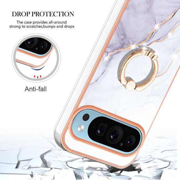 For Google Pixel 9 Pro Electroplating Marble IMD TPU Phone Case with Ring Holder(White 006)