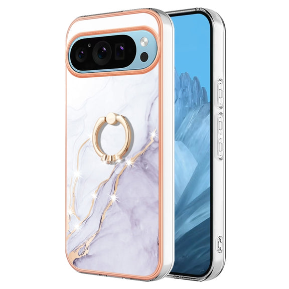 For Google Pixel 9 Pro Electroplating Marble IMD TPU Phone Case with Ring Holder(White 006)