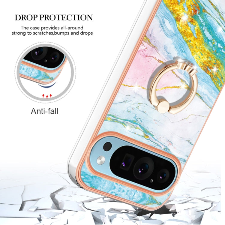 For Google Pixel 9 Pro XL Electroplating Marble IMD TPU Phone Case with Ring Holder(Green 004)