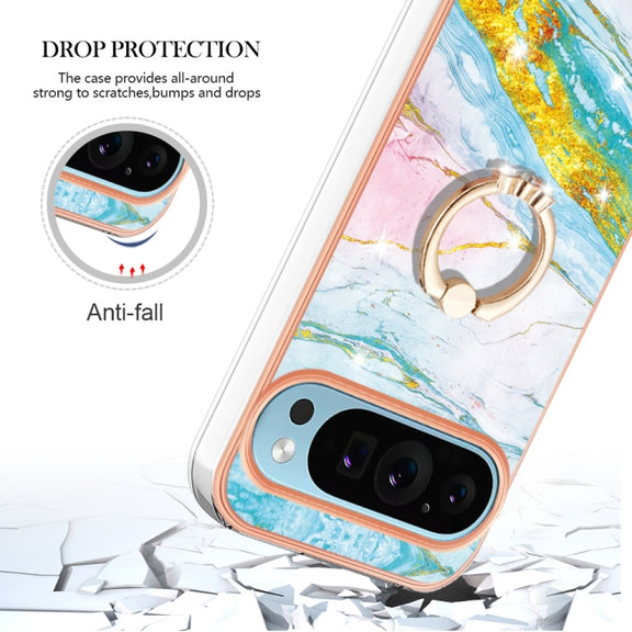 For Google Pixel 9 Pro XL Electroplating Marble IMD TPU Phone Case with Ring Holder(Green 004)
