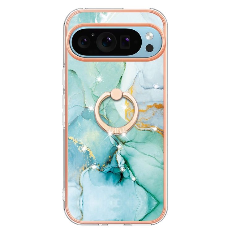 For Google Pixel 9 Pro XL Electroplating Marble IMD TPU Phone Case with Ring Holder(Green 003)
