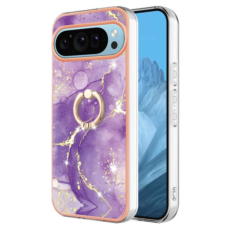 For Google Pixel 9 Pro XL Electroplating Marble IMD TPU Phone Case with Ring Holder(Purple 002)
