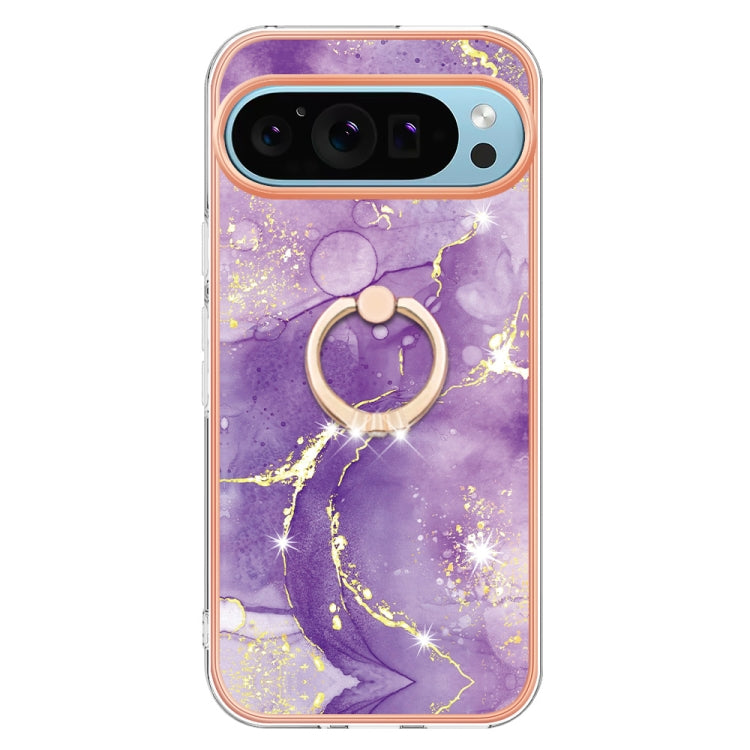 For Google Pixel 9 Pro XL Electroplating Marble IMD TPU Phone Case with Ring Holder(Purple 002)
