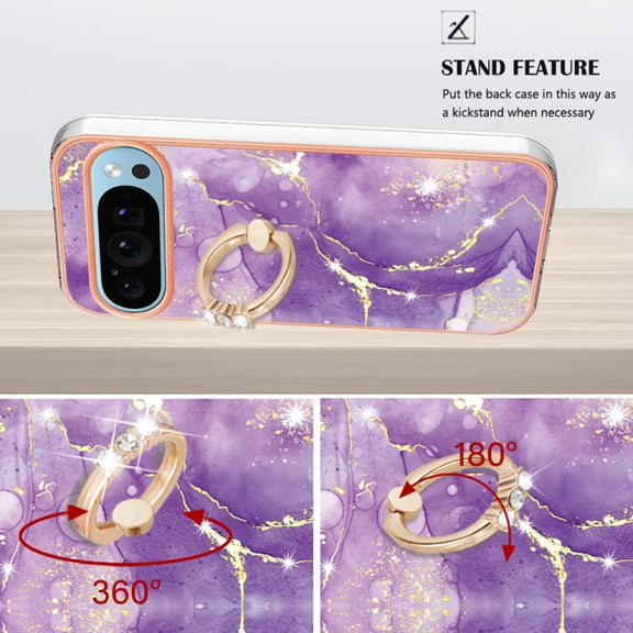 For Google Pixel 9 Pro XL Electroplating Marble IMD TPU Phone Case with Ring Holder(Purple 002)