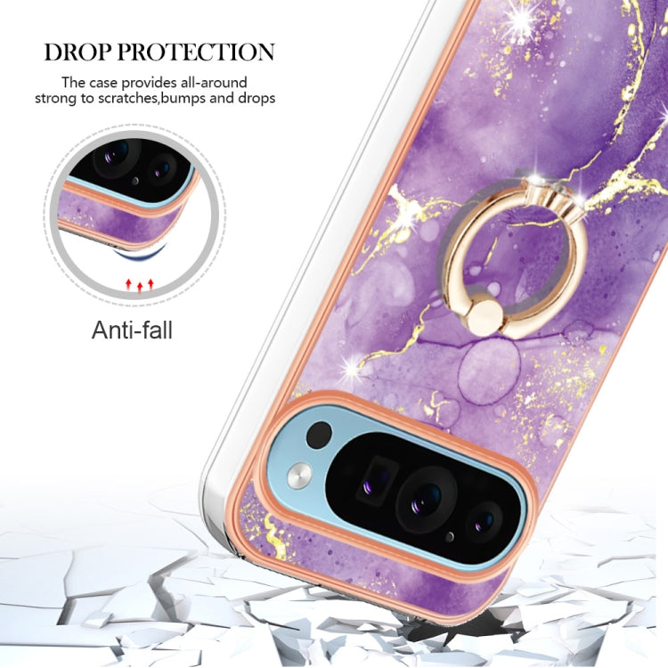 For Google Pixel 9 Pro XL Electroplating Marble IMD TPU Phone Case with Ring Holder(Purple 002)