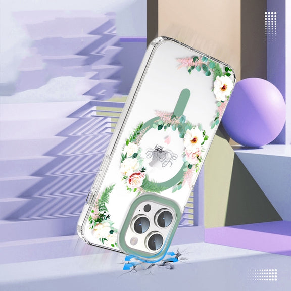 For iPhone 14 MagSafe Magnetic TPU Phone Case(White Pink Rose)