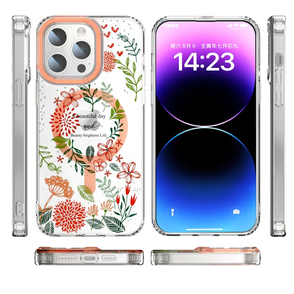 For iPhone 15 Plus MagSafe Magnetic TPU Phone Case(Red Flowers and Green Leaves)