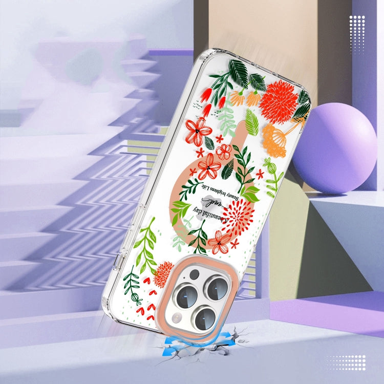 For iPhone 15 Plus MagSafe Magnetic TPU Phone Case(Red Flowers and Green Leaves)