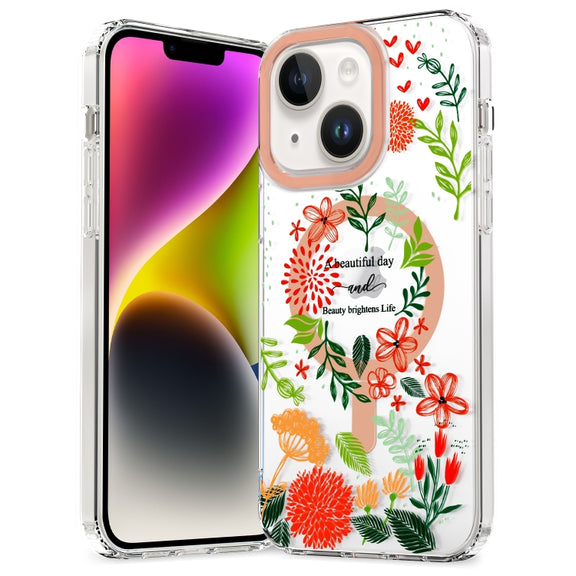 For iPhone 15 Plus MagSafe Magnetic TPU Phone Case(Red Flowers and Green Leaves)