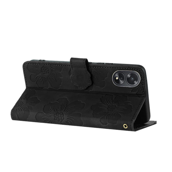 For OPPO A38 Flower Embossing Pattern Leather Phone Case(Black)