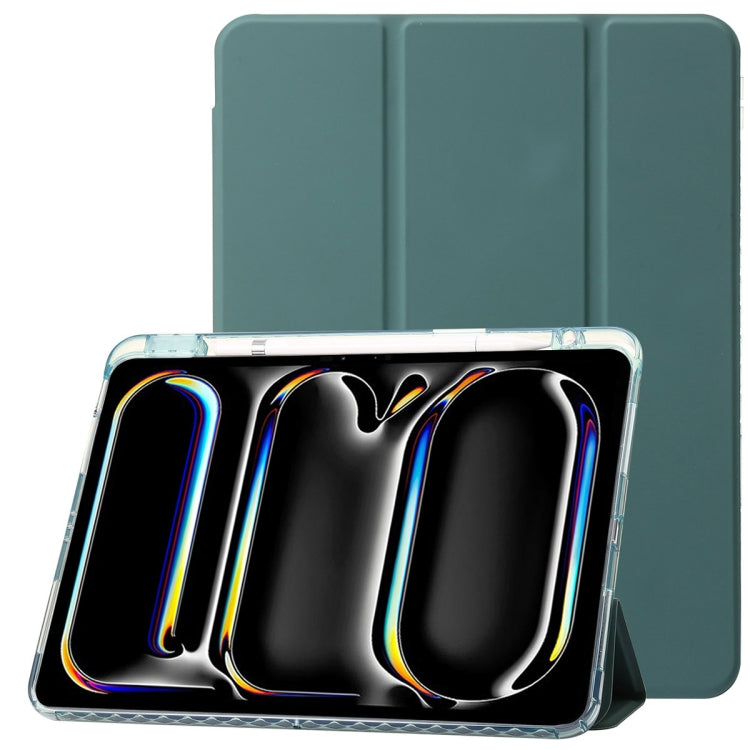 For iPad Air 11 2025 / 2024 Clear Acrylic 3-Fold Leather Tablet Case(Dark Green)