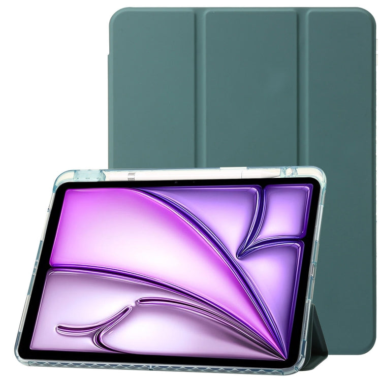 For iPad Air 13 2024 Clear Acrylic 3-Fold Leather Tablet Case(Dark Green)