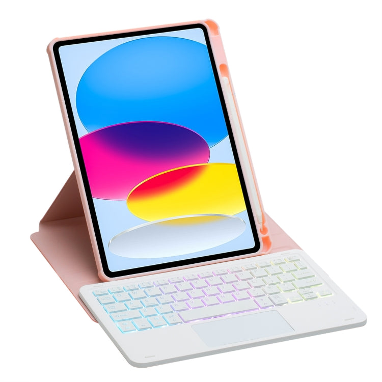 For iPad 10th Gen 10.9 2022 F10B-AS 360 Rotation Acrylic Transparent Bluetooth Keyboard Leather Case With Touch Control / Backlight(Pink)