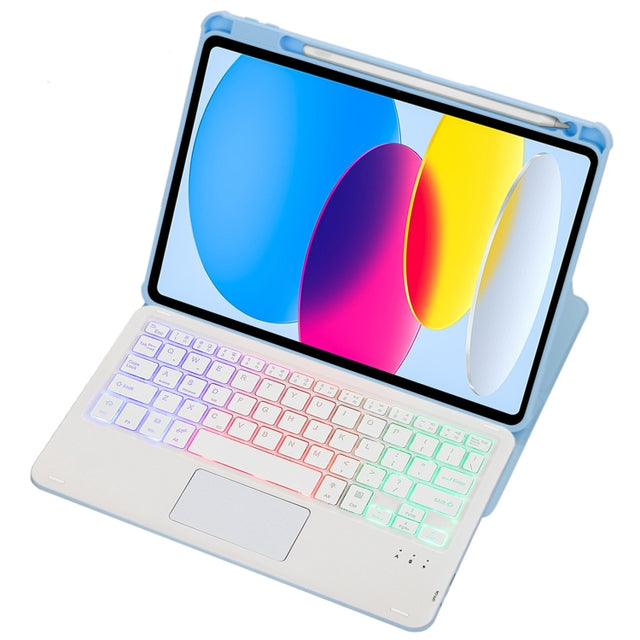 For iPad 11 2025 / 10th Gen 10.9 2022 F10B-AS 360 Rotation Acrylic Transparent Bluetooth Keyboard Leather Case With Touch Control / Backlight(Blue)