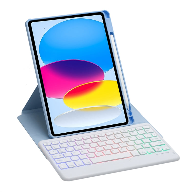 For iPad 10th Gen 10.9 2022 F10BS 360 Rotation Acrylic Transparent Bluetooth Keyboard Leather Case With Backlight(Blue)