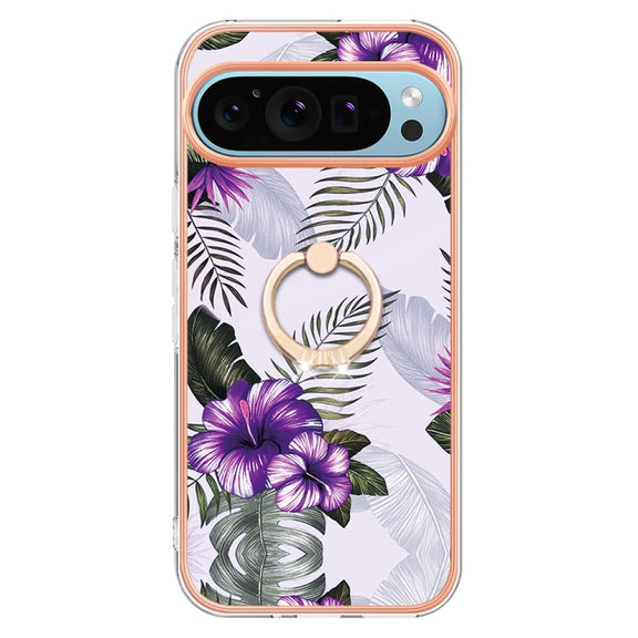 For Google Pixel 9 Pro XL Electroplating IMD TPU Phone Case with Ring(Purple Flower)