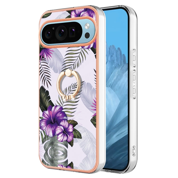 For Google Pixel 9 / 9 Pro Electroplating IMD TPU Phone Case with Ring(Purple Flower)