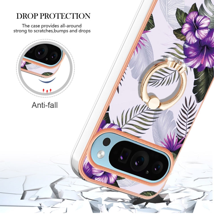 For Google Pixel 9 / 9 Pro Electroplating IMD TPU Phone Case with Ring(Purple Flower)