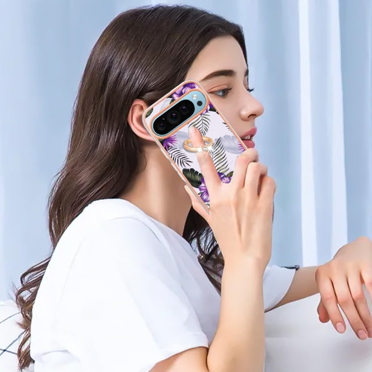 For Google Pixel 9 / 9 Pro Electroplating IMD TPU Phone Case with Ring(Purple Flower)