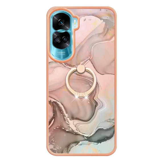 For Honor 90 Lite 5G Electroplating Marble Dual-side IMD Phone Case with Ring(Rose Gold 015)